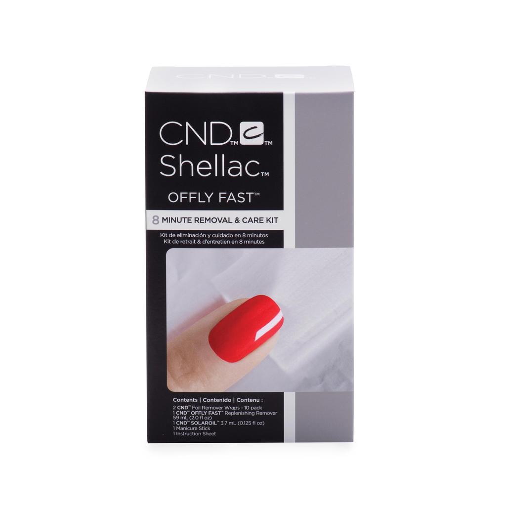 CND Shellac Offly Fast – 8 Minute Removal & Care Kit for fjerning av neglelakk, Shellac eller oppløstbart kunstmateriale. Inneholder 2 x 10 stk Remover Wraps, 59 ml Offly Fast, en orangepinne og SolarOil 3,7 ml.