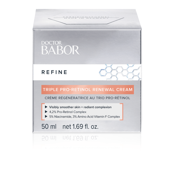 Doctor Babor Refine Trippel Retinol krem som aktivt bekjemper hudens aldring. Forbedrer hudens tekstur, jevner ut fine linjer og rynker, stimulerer cellefornyelsen og øker hudens fasthet og elastisitet.