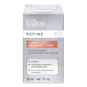 Doctor Babor Refine Retinol Smoothing Toner er et alkoholfritt ansiktsvann med en innovativ kombinasjon av lavmolekylær hyaluronsyre og retinol.