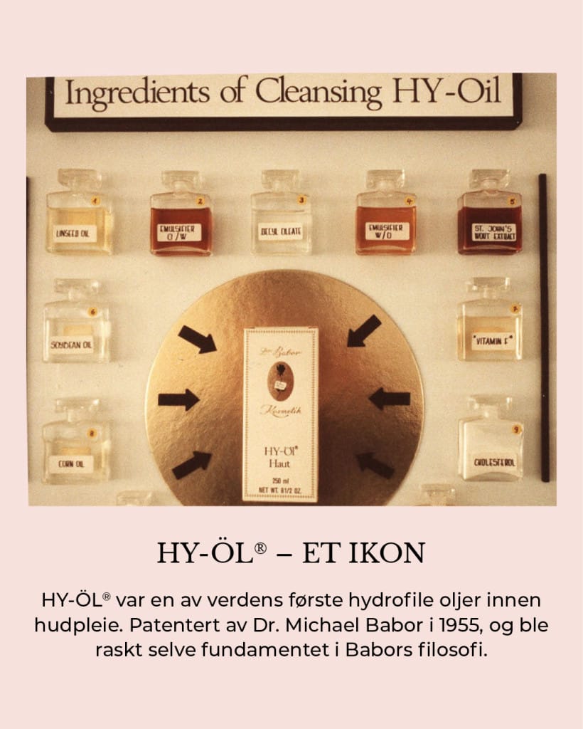 HY-ÖL® – ET IKON. HY-ÖL® var en av verdens første hydrofile oljer innen hudpleie. Patentert av Dr. Michael Babor i 1955, og ble raskt selve fundamentet i Babors filosofi. Gjennom tiår med forskning og videreutvikling har renseoljen beholdt sin plass som en av Babors mest kjente og elskede produkter.